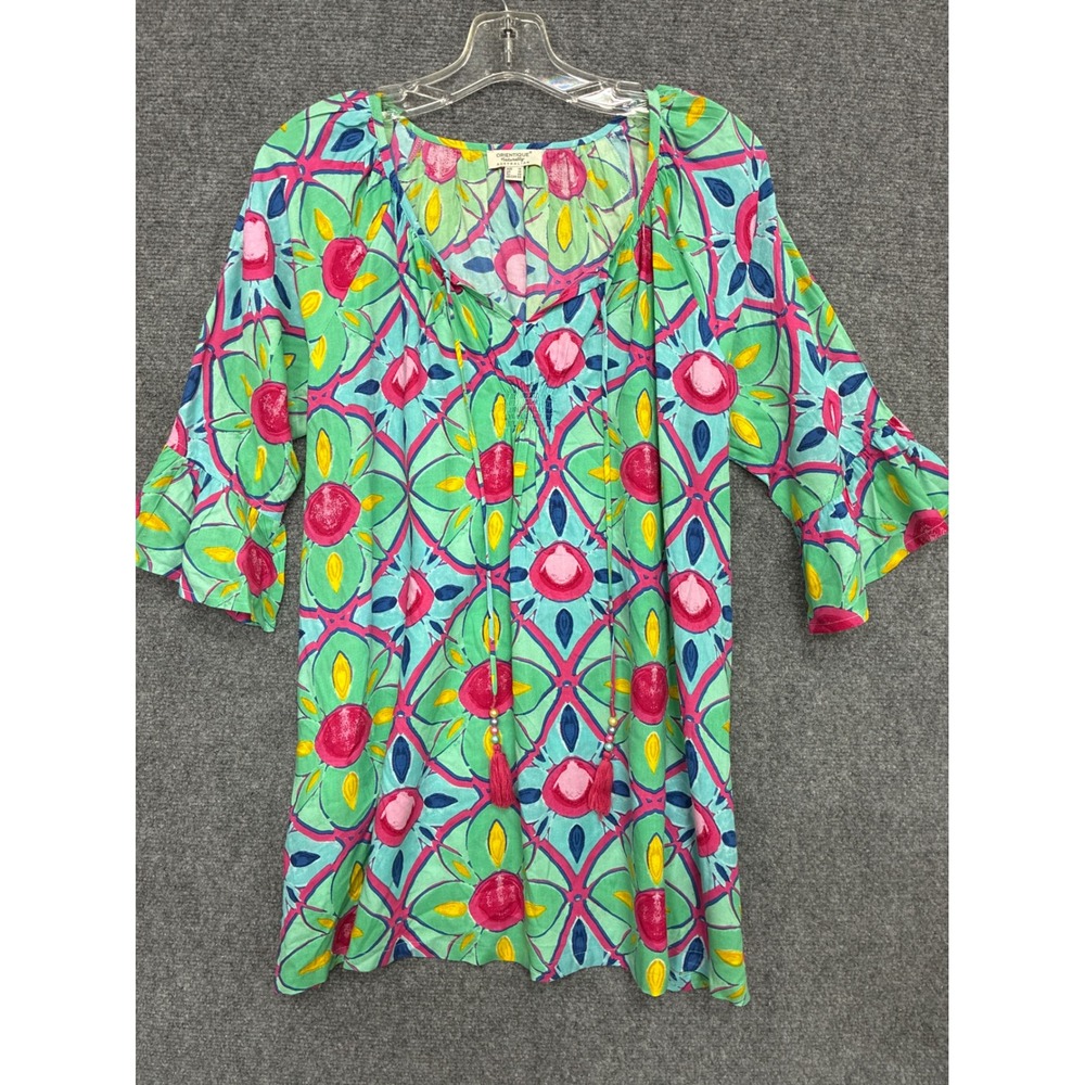 Orientique Australia Cotton Tunic Top Green Pink Floral Tassel Bell Sleeve Sz 10